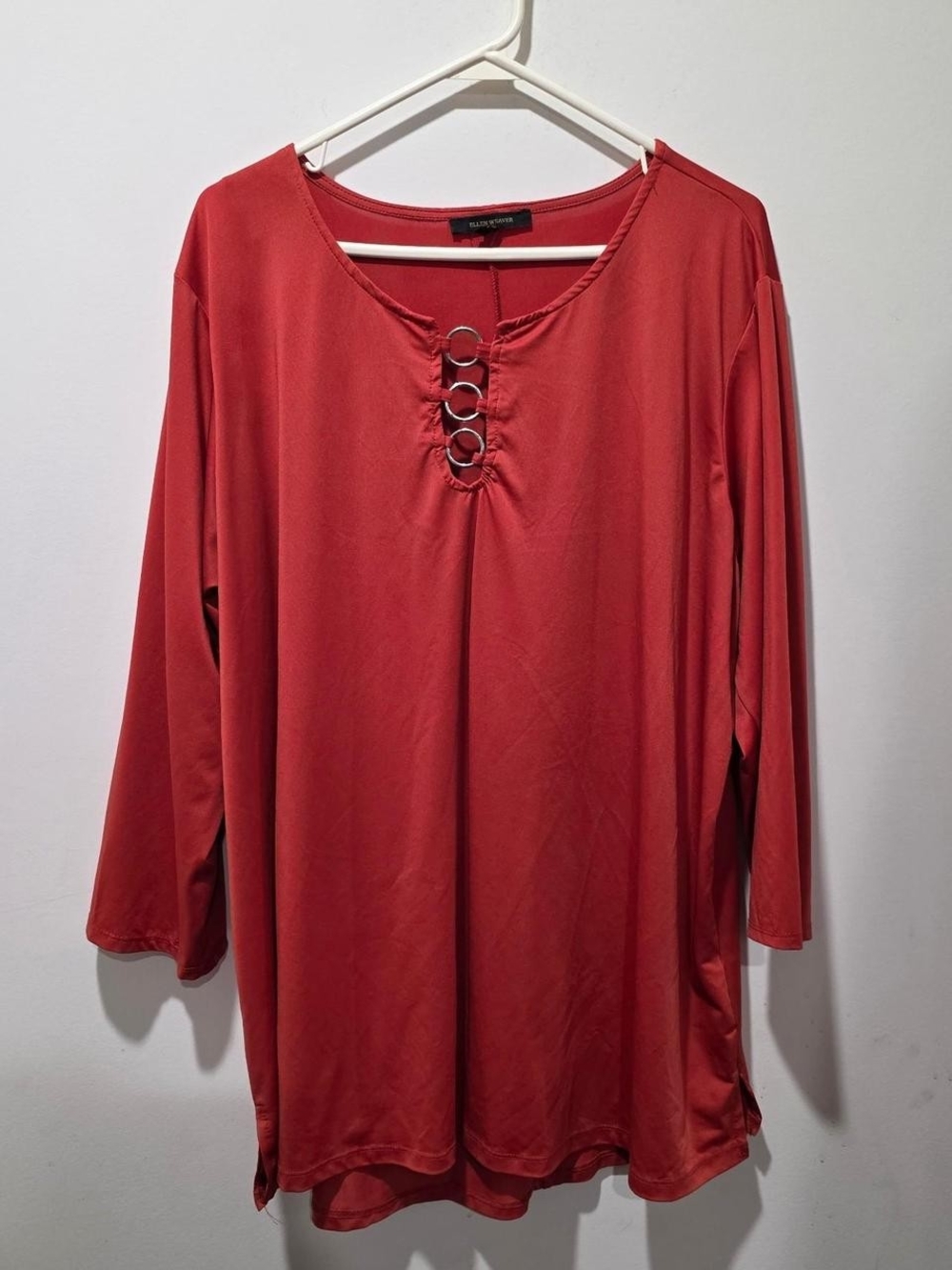 Ring-Detail Long Sleeve Tunic Top - Rust Red